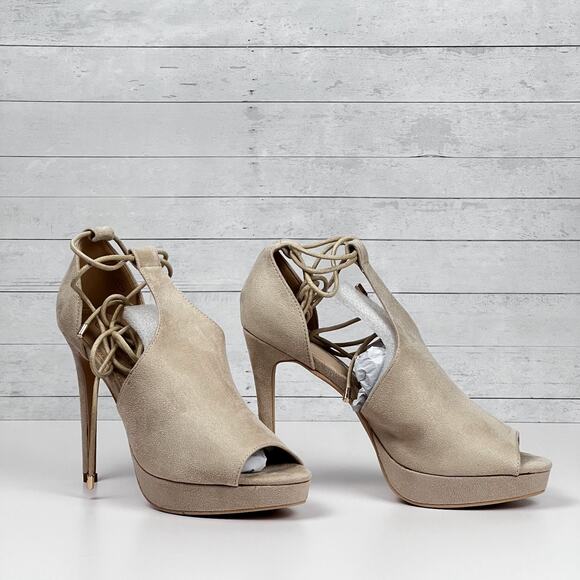 C9H910 Shoes - Peep Toe Platform Heels Beige Suede Women’s Size 7.5
